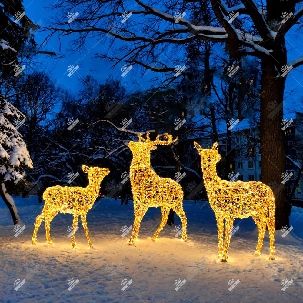 Семья Золотые олени, светодиодные фигуры, высота 3,5 м, 2,8 м, 2,1 м