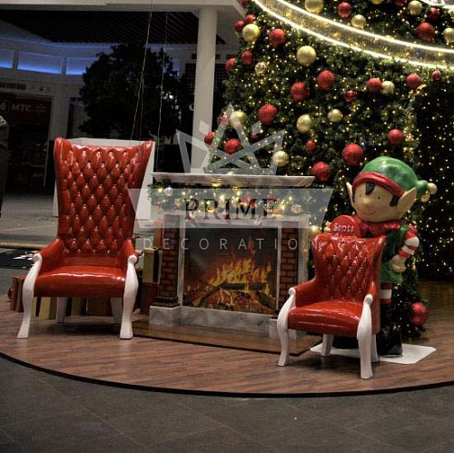 Комплект декоративных фигур из пенопласта Кресло Деда Мороза большое+малое, Гном и Камин УЦЕНКА