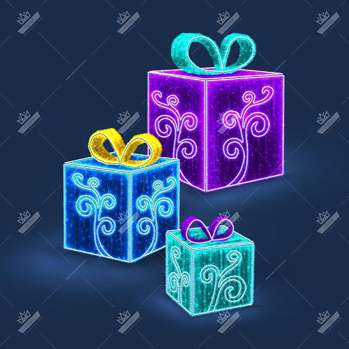 Световая композиция Новогодние Подарки из мишуры с Узором (180 см, 120 см и 100 см)