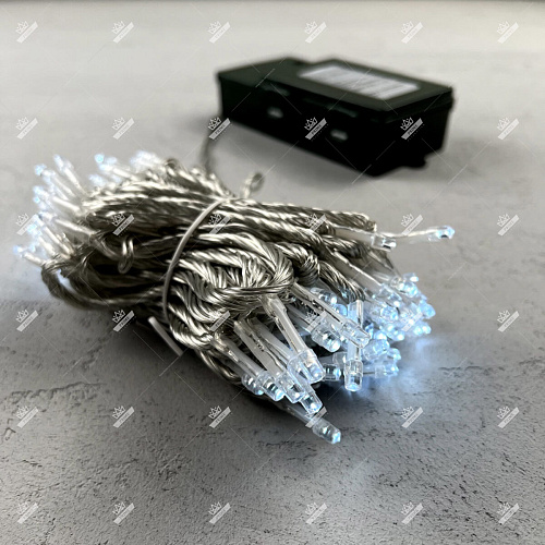 Гирлянда Нить на батарейках с Таймером 10 м, 100 LED, Провод прозрачный силикон